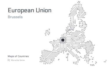 European Union map in microchip pattern with Brussels as the central chip