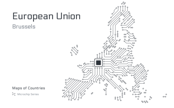 European Union map in microchip pattern with Brussels as the central chip