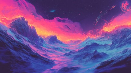 A colorful alien landscape featuring mountains and a starry sky