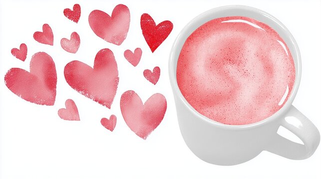 Romantic kawaii art - Romantic Pink Coffee Cup with Heart Decorations for Valentine's Day - pastel love theme artwork