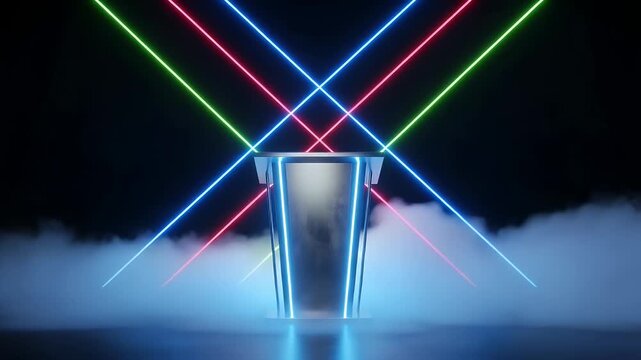 Empty podium on a futuristic stage with crisscrossing neon laser lights and fog