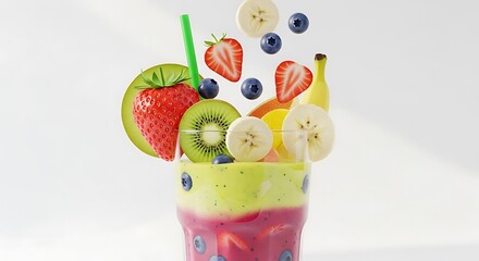Vibrant layered fruit smoothie with a dynamic splash of fresh falling ingredients including strawberry, kiwi, banana, and blueberry on a clean white background