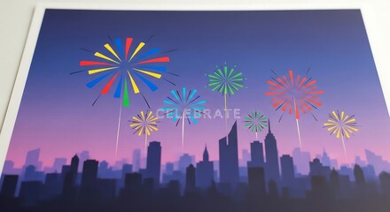 Fototapeta premium Elegant cityscape illustration with fireworks in minimalist style and gentle gradient
