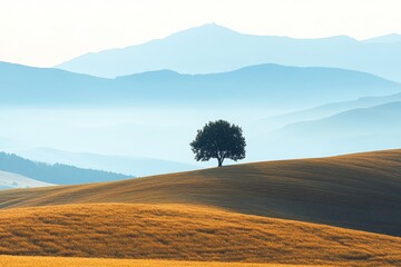 Obraz premium A solitary tree stands sentinel on a golden hilltop, overlooking a serene valley veiled in soft, pastel hues of light blue and the distant, hazy mountains.