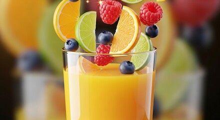 Freshly squeezed orange juice with a vibrant mix of berries and citrus slices, a refreshing and healthy beverage