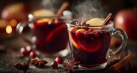 Fototapeta premium Cup of hot mulled wine with apple and orange on white wooden background