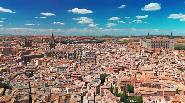 Aerial view of the historic cityscape of Toledo, Castilla-La Mancha, Spain.