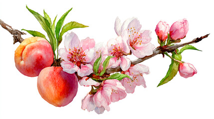 Peach fruit with flowers on a branch, watercolor illustration