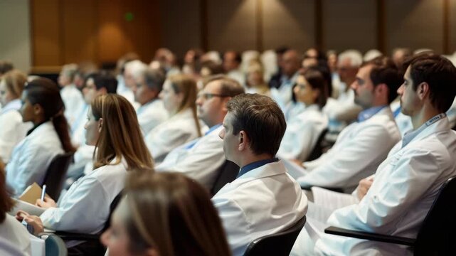 A group of doctors attentively listening during a conference in an auditorium setting.