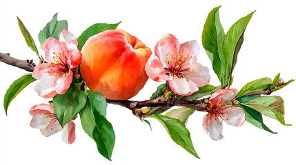 Peach fruit with flowers on a branch, watercolor illustration