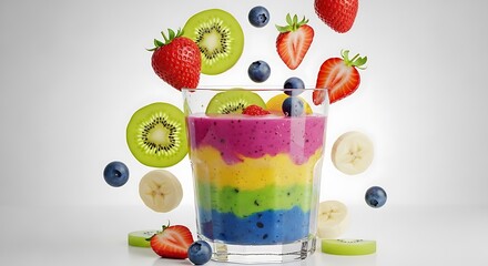Refreshing rainbow layered fruit smoothie in a glass, with fresh fruits falling around on a white background, promoting healthy living