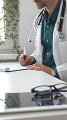 Doctor man wearing lab coat over green shirt, and stethoscope is writing medical prescription or filling medical documents while sitting at office desk. Medicine and health care concept
