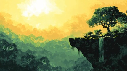 Landscape features a cliffside tree and distant forested hills