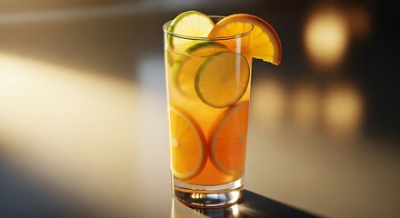 A refreshing and vibrant citrus cooler in a tall glass, garnished with fresh slices of orange and lime under warm, dramatic lighting