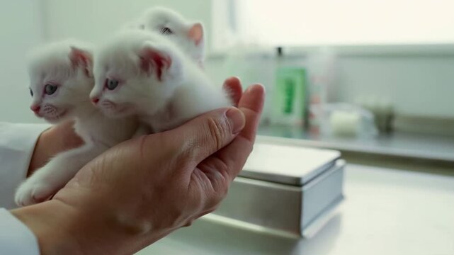 A vet holding several small, fluffy kittens in his hands. The kittens are white, with pink ears and light blue eyes Stock Video
