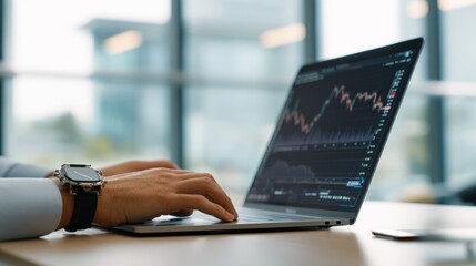 Business Professional Analyzing Stock Market Data on Laptop in Modern Office Environment