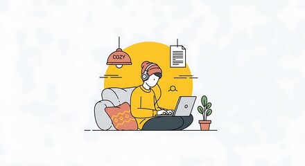 Illustration of a person working on a laptop while relaxing on a couch with headphones on, symbolizing remote work and comfortable productivity