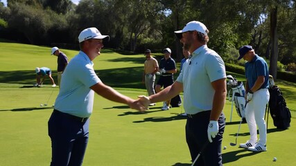 Two male golfers shaking hands on a green golf course, a symbol of sportsmanship and camaraderie. Several golfers are nearby, enhancing the scene of a golf tournament. The warm. Stock Video