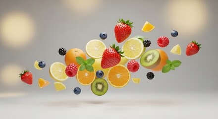 Vibrant Assortment of Fresh Fruits Floating in Mid-Air, Showcasing Natural Sweetness and Healthy Food Concept