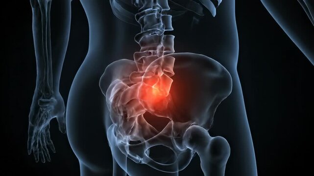 Human skeletal system, spine and pelvis highlighted. X-ray imaging shows pain area in lower back. Medical technology for diagnosis and treatment.