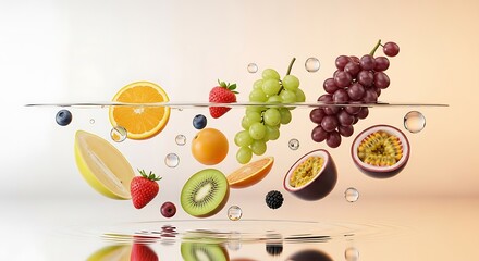 A dynamic composition of assorted fresh fruits and berries floating in a refreshing splash of clear water, concept of healthy eating