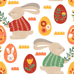 Cute cartoon bunnies and decorated easter eggs seamless pattern bunny rabbit
