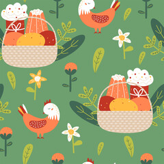 Cute cartoon chickens and Easter baskets with food on green background image