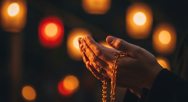 Hands in Prayer with Rosary Beads in Soft Light.