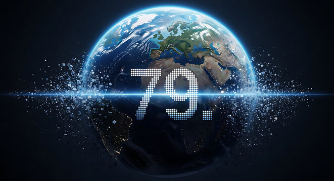 Digital illustration of Earth with the number 79, surrounded by particles.