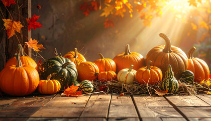 Autumn Pumpkins on Wooden Table