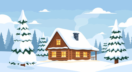 A cozy, snow-covered log cabin with warm lights, nestled among frosty pine trees in a serene winter landscape, evoking a peaceful and inviting seasonal retreat