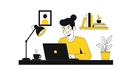 Happy female freelancer working remotely on a laptop in a comfortable home office. Vector concept for online education or business