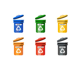 This icon shows six color-coded recycling bins for paper, glass, organic, plastic, e-waste, and metals.