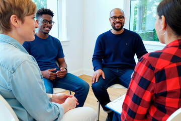 Obraz premium Group of young adult and middle aged multiethnic men and women sitting in circle engaging in discussion during support group session in bright room with large windows