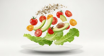Fresh Salad Ingredients Levitating Above a White Plate, Ready to Serve