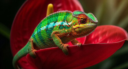 Obraz premium Chameleon on Red Tropical Flower Petal Artistic Realism JPG