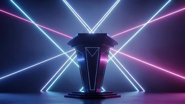 Futuristic lectern on a stage with crossing pink and blue neon laser light beams