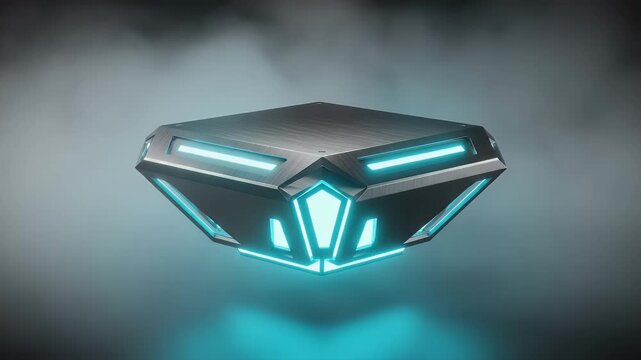 Futuristic metallic crate with glowing blue neon lights floating in a misty environment