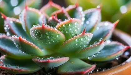 close up of succulent plant with dew drops