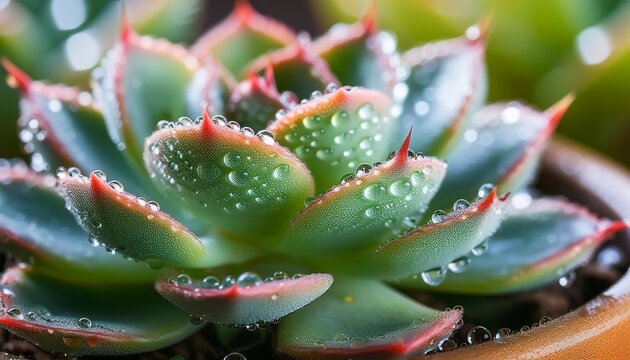 close up of succulent plant with dew drops