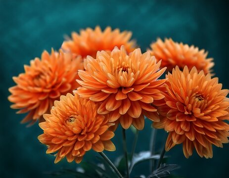 close up of vibrant orange flower clusters against a teal dark background