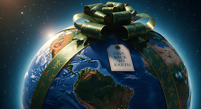 Earth globe wrapped in ribbon and bow, with a tag reading "Give Back to Earth," set against a starry background.