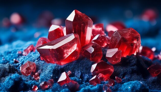 close up of vibrant red crystals on dark blue powder