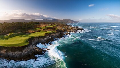 high angle view of rugged coastline lush golf course and ocean waves