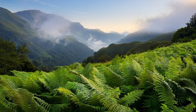 lush ferns in a misty mountain landscape