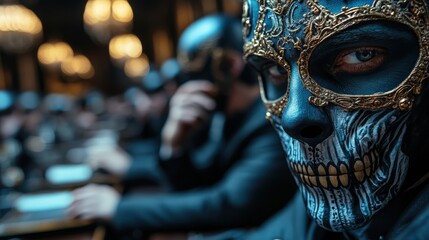 Featuring a mysterious person donned in an elaborate skull mask, this image evokes themes of identity, mask culture, and the enigmatic experience of unmasking our true selves in society's shadows.