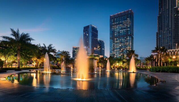 urban plaza fountain at dusk reflective water illuminated plants and city buildings in the background