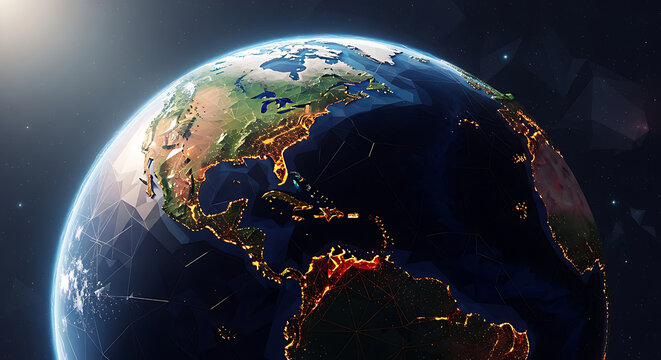 Earth view from space, showing North and South America with city lights illuminating the night side.