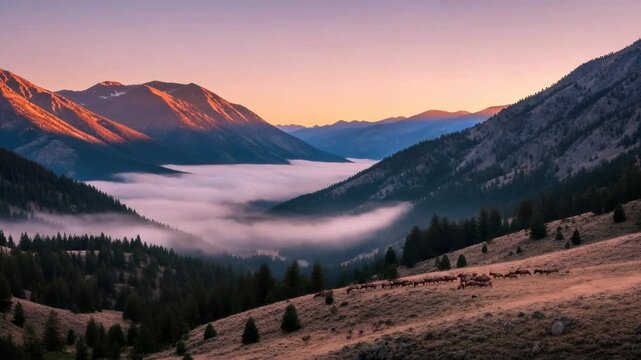Sunrise over foggy mountain valley with herd of elk moving across grassy slope during seasonal hunt footage