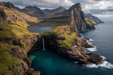 aerial view of Sorvagsvatn Lake and Bosdalafossur Waterfall on Vagar Island in the Faroe Islands
